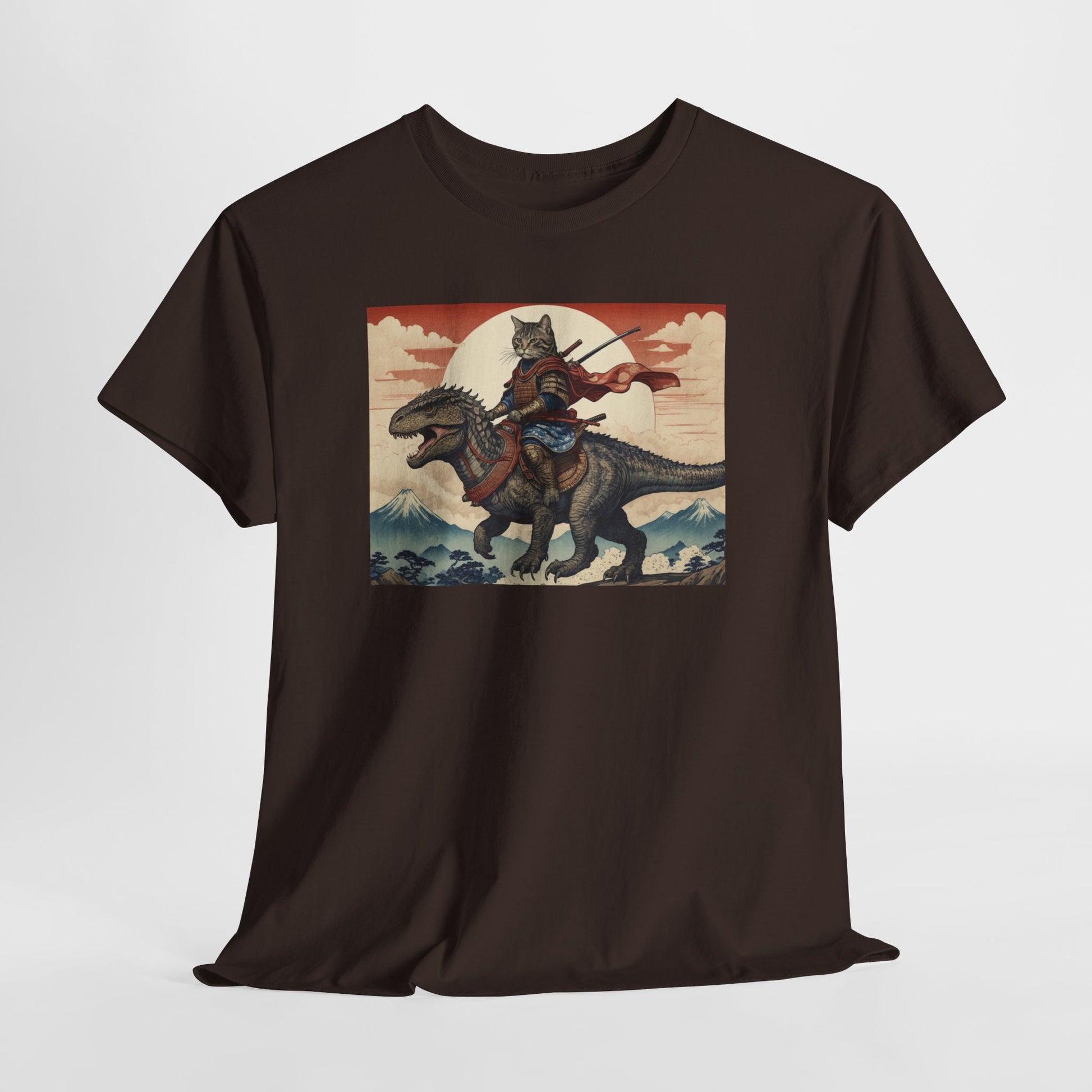 Samurai Cat Riding T-REX T-Shirt | Vintage Japanese Wave Art Tee | Odyssey Camp & Co.