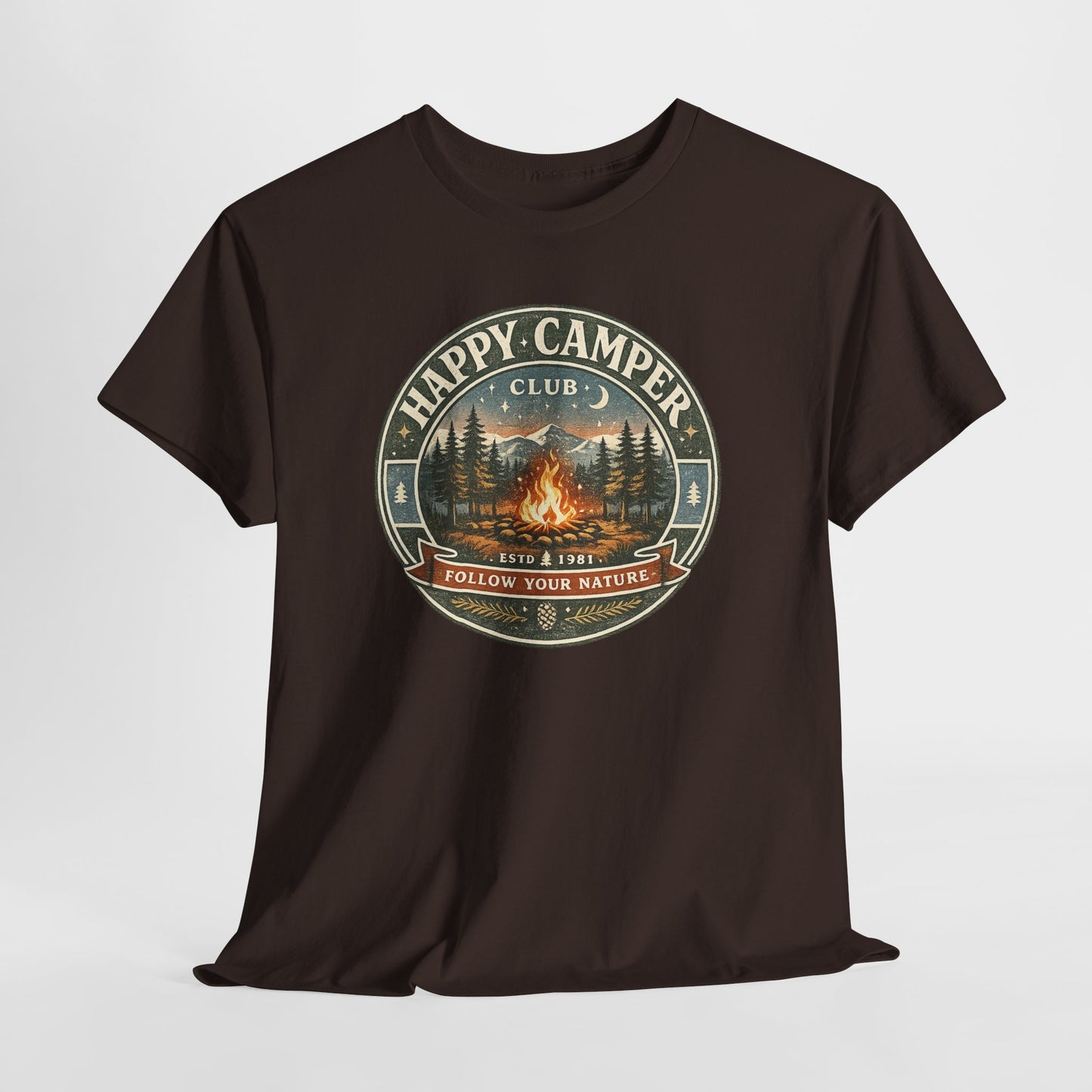 Unisex Happy Camper Tee | Vintage Campfire Badge Shirt | Odyssey Camp & Co.
