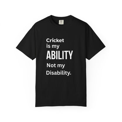 Cricket Is My Ability disability pride cricket t-shirt, close-up of print detail