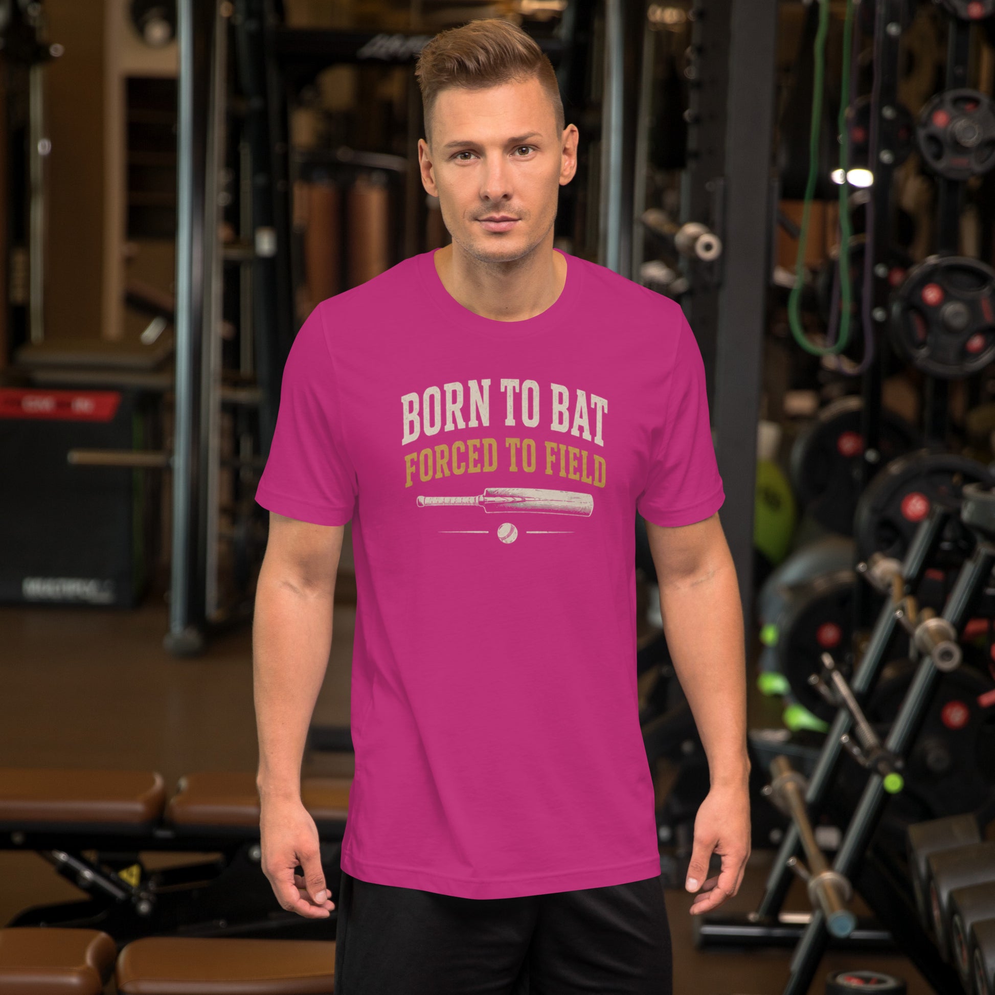 Born to bat forced to field funny cricket t-shirt berry colourway | Funny Cricket T-Shirt | Odyssey Camp & Co.