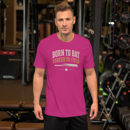 Born to bat forced to field funny cricket t-shirt berry colourway | Funny Cricket T-Shirt | Odyssey Camp & Co.