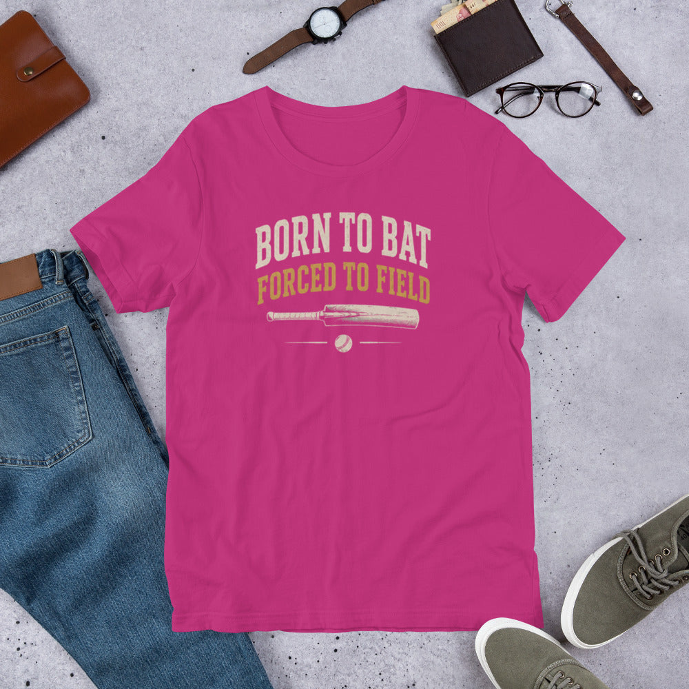 Born to bat forced to field cricket t-shirt berry | Funny Cricket T-Shirt | Odyssey Camp & Co.