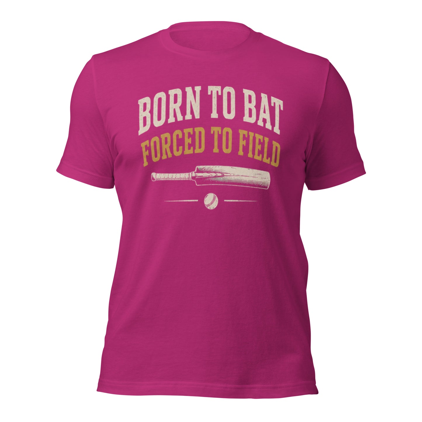 Born to bat forced to field cricket t-shirt berry front | Funny Cricket T-Shirt | Odyssey Camp & Co.