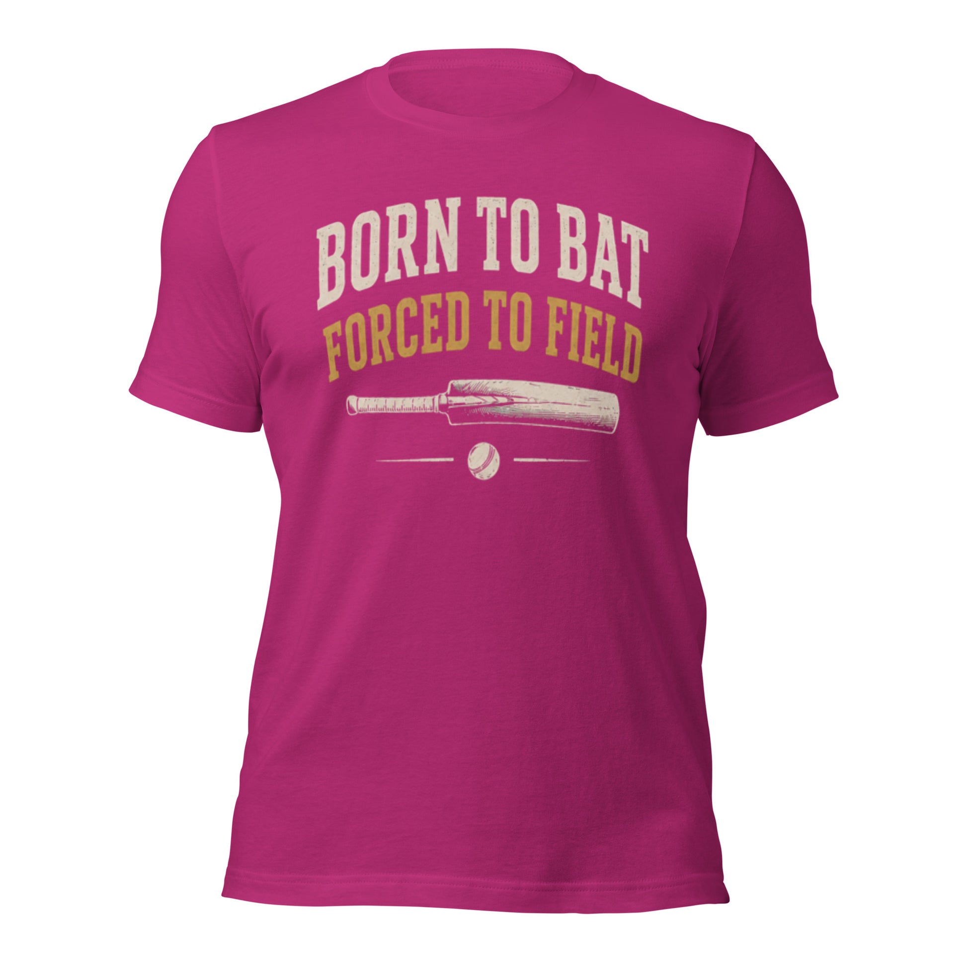 Born to bat forced to field cricket t-shirt berry front | Funny Cricket T-Shirt | Odyssey Camp & Co.