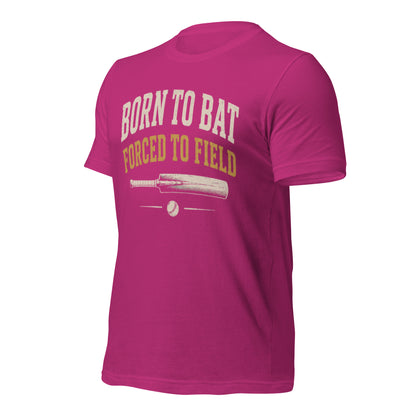 Born to bat forced to field cricket tee berry left front | Funny Cricket T-Shirt | Odyssey Camp & Co.