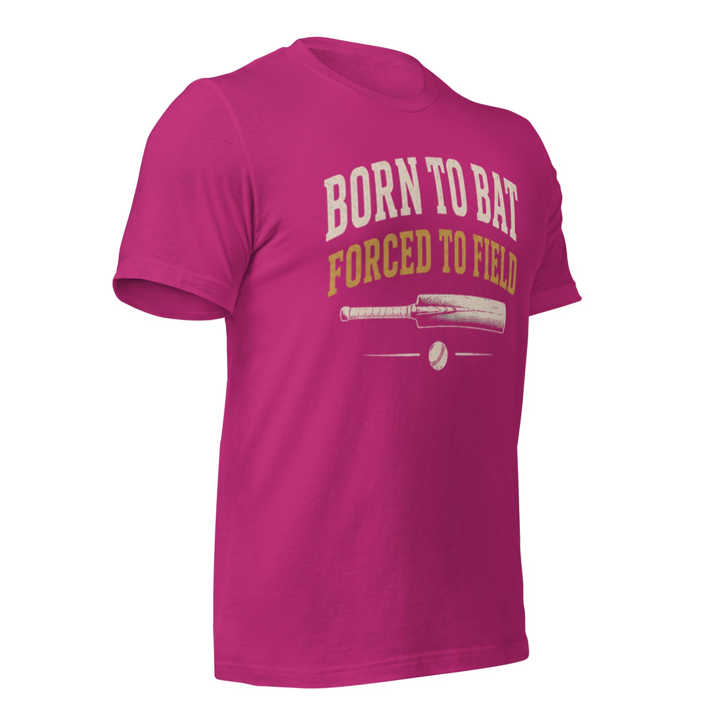Born to bat forced to field cricket tee berry right front | Funny Cricket T-Shirt | Odyssey Camp & Co.