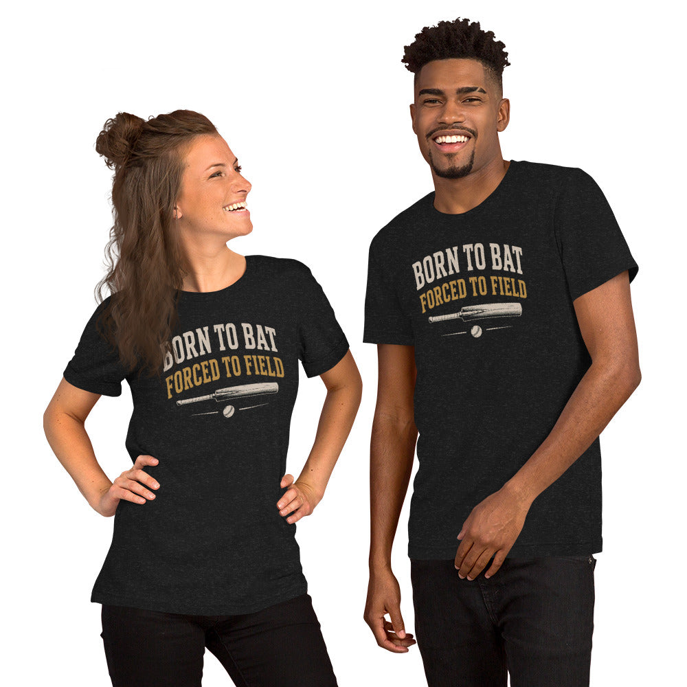 Born to bat forced to field black heather front | Funny Cricket T-Shirt | Odyssey Camp & Co.
