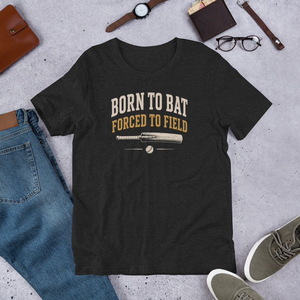 Born to bat forced to field cricket tee black heather | Funny Cricket T-Shirt | Odyssey Camp & Co.