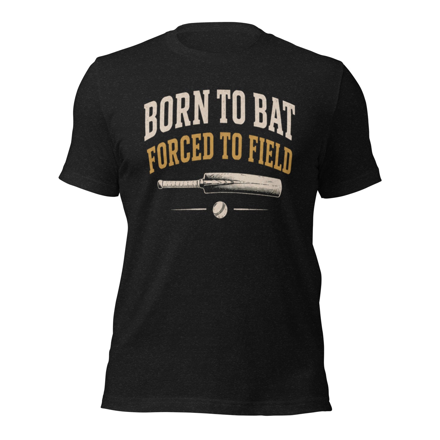 Born to bat forced to field black heather cricket tee front | Funny Cricket T-Shirt | Odyssey Camp & Co.