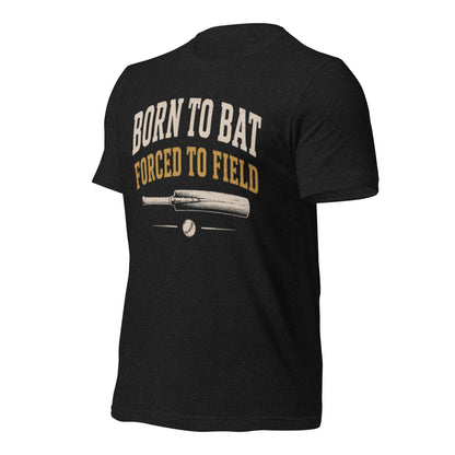 Born to bat forced to field cricket tee black heather left | Funny Cricket T-Shirt | Odyssey Camp & Co.