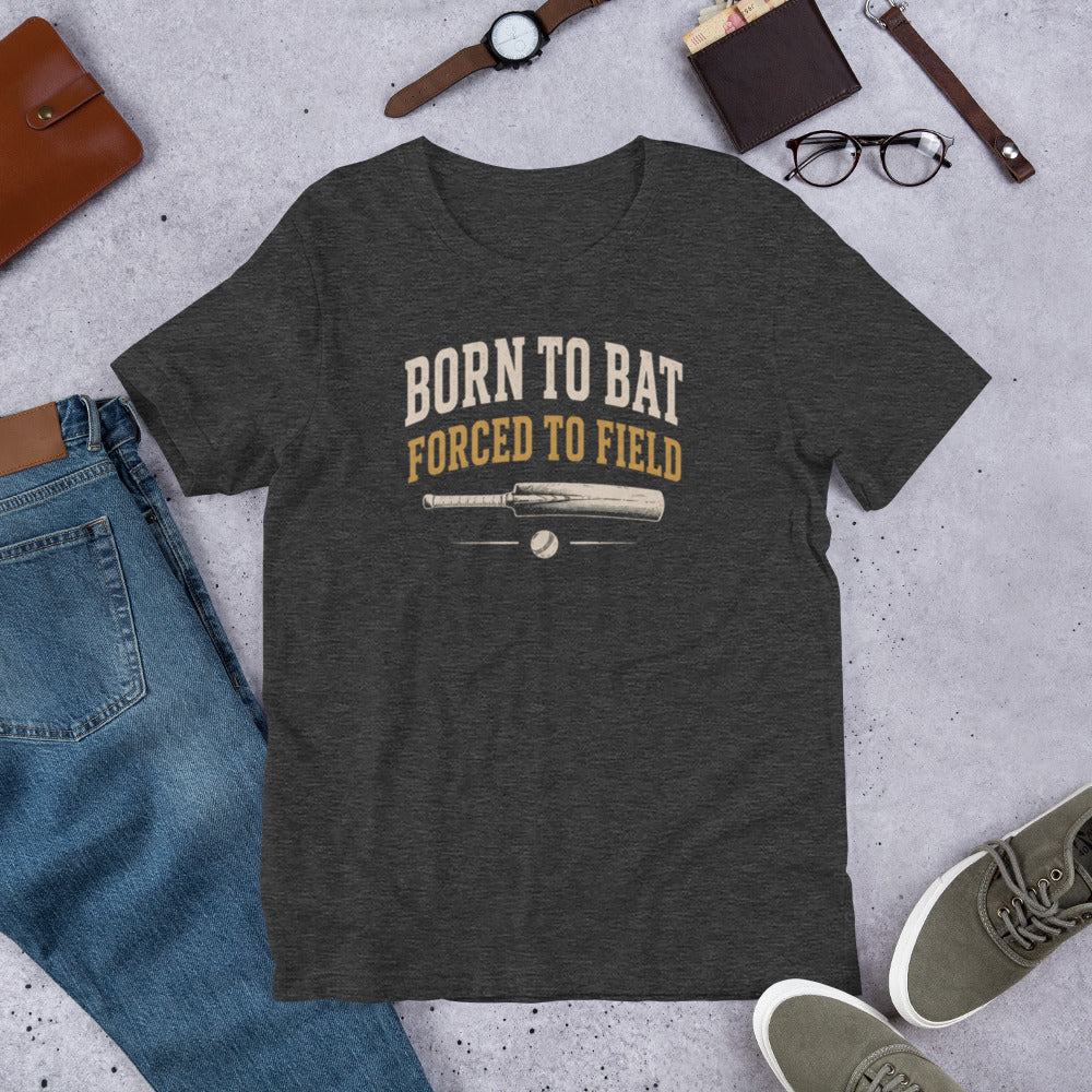 Born to bat forced to field cricket t-shirt dark grey | Funny Cricket T-Shirt | Odyssey Camp & Co.