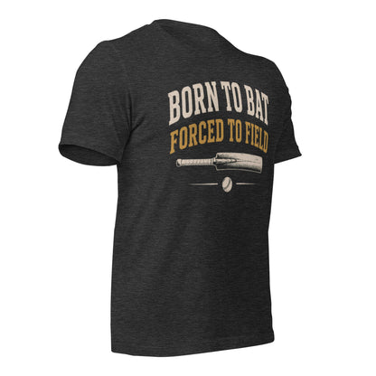 Born to bat forced to field cricket tee dark grey right front | Funny Cricket T-Shirt | Odyssey Camp & Co.