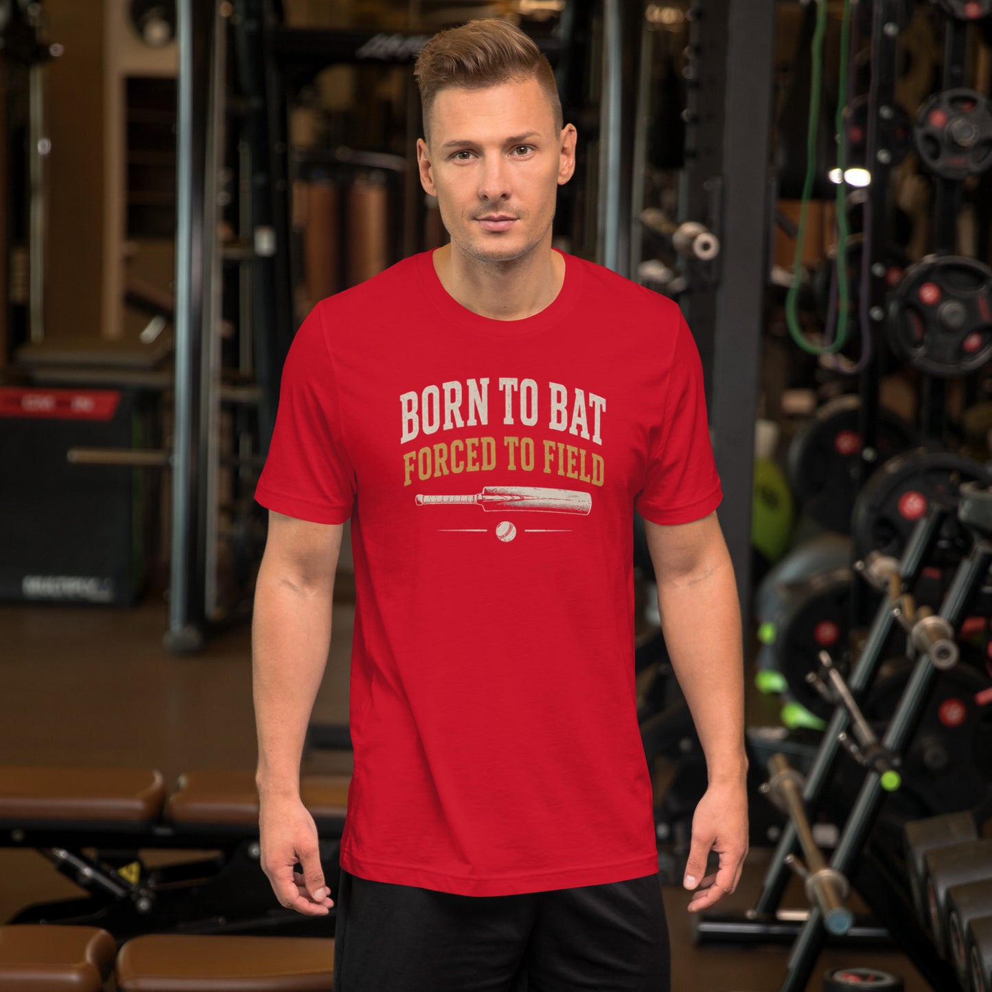 Born to bat forced to field funny cricket t-shirt red colourway | Funny Cricket T-Shirt | Odyssey Camp & Co.