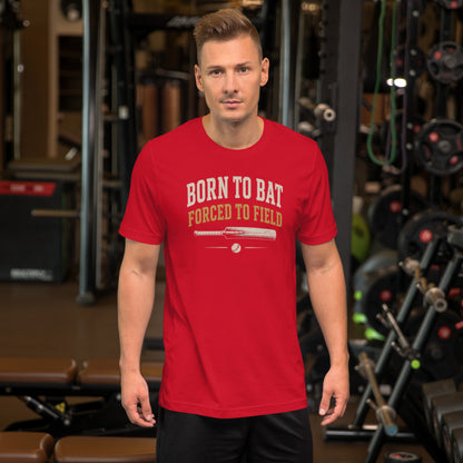 Born to bat forced to field funny cricket t-shirt red colourway | Funny Cricket T-Shirt | Odyssey Camp & Co.