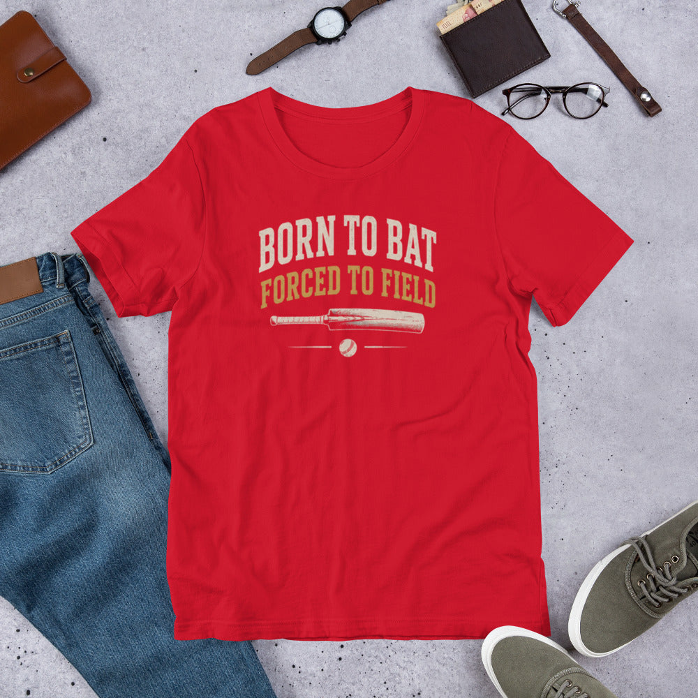 Born to bat forced to field cricket t-shirt red | Funny Cricket T-Shirt | Odyssey Camp & Co.