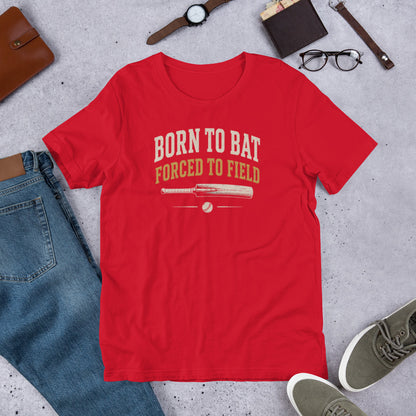 Born to bat forced to field cricket t-shirt red | Funny Cricket T-Shirt | Odyssey Camp & Co.