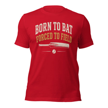 Born to bat forced to field retro cricket t-shirt red front | Funny Cricket T-Shirt | Odyssey Camp & Co.