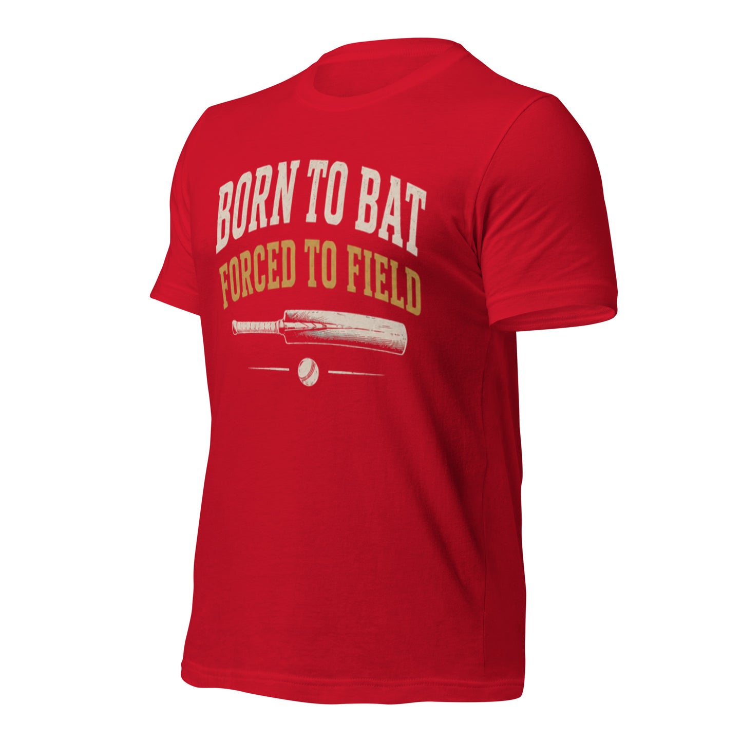 Born to bat forced to field cricket tee red left front | Funny Cricket T-Shirt | Odyssey Camp & Co.