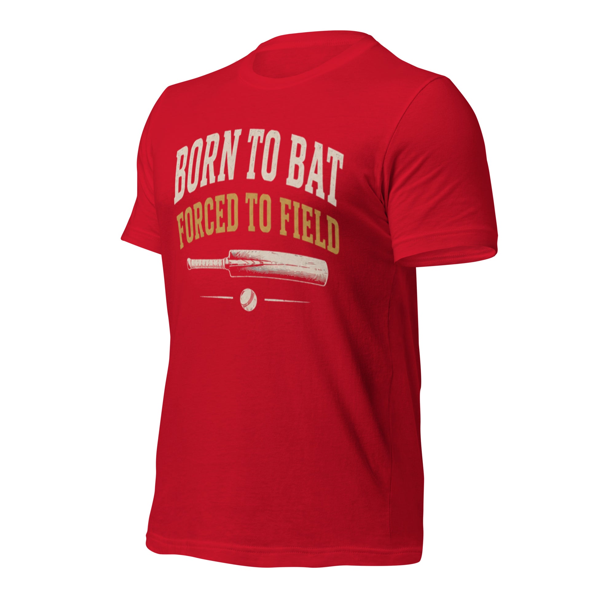 Born to bat forced to field cricket tee red left front | Funny Cricket T-Shirt | Odyssey Camp & Co.
