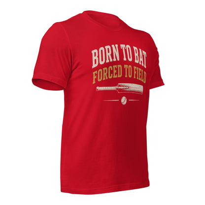 Born to bat forced to field cricket tee red right front | Funny Cricket T-Shirt | Odyssey Camp & Co.